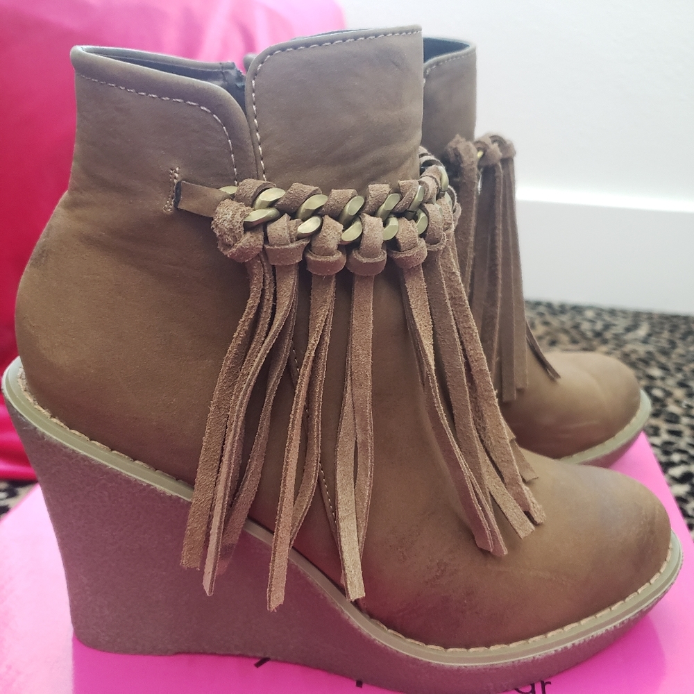 CORKYS Sail Fringe Wedge Booties in box. Size 7